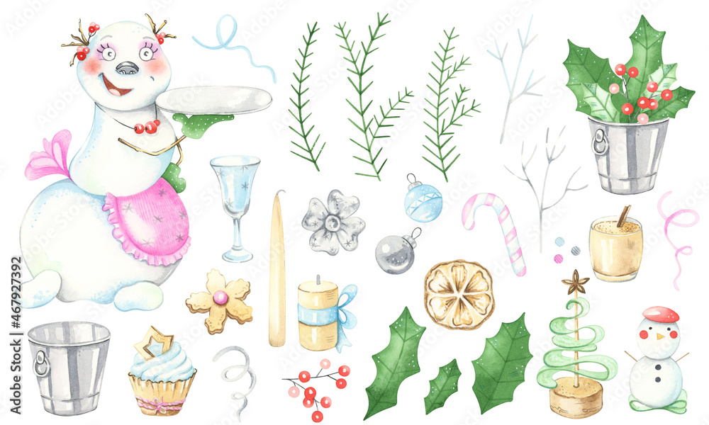 Fototapeta premium Cute snowman hostess. Christmas and New Year treats. Watercolor set.