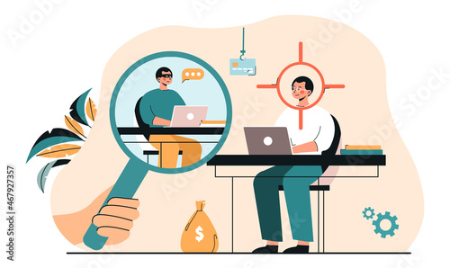 Concept of online crime. Fraudster chooses victim, gullible person, inexperienced user. Intruder in magnifying glass looks at office worker. Social media, internet. Cartoon flat vector illustration