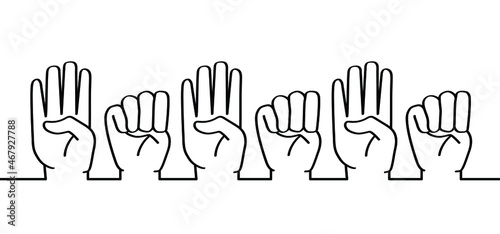 Hand gesture in case of domestic violence, insecurity. Sign language. The violence at home signal for help. Vector stop symbol or pictogram. Line pattern. Domestic Violence awareness month, October.