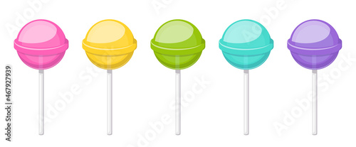 Lollipop, round hard sugar candy on stick. Mint, fruit and berries taste lollypops. Vector cartoon set of colored sweet caramel suckers on sticks isolated on white background