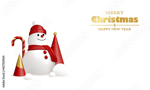 Merry Christmas and Happy New Year background. White, red and gold 3D objects. Christmas tree, candy, snowballs and snowman.