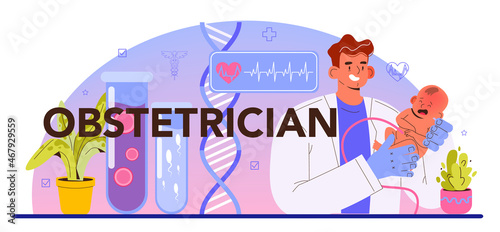 Obstetrician typographic header. Gynecologist doctor examining woman.