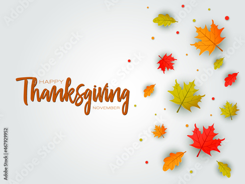 Happy thanksgiving background with leaves. Can be used for poster, banner, flyer, invitation, website or greeting card. Vector iisolated llustration on grey background