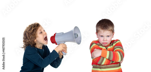 Cute children with megaphone singing