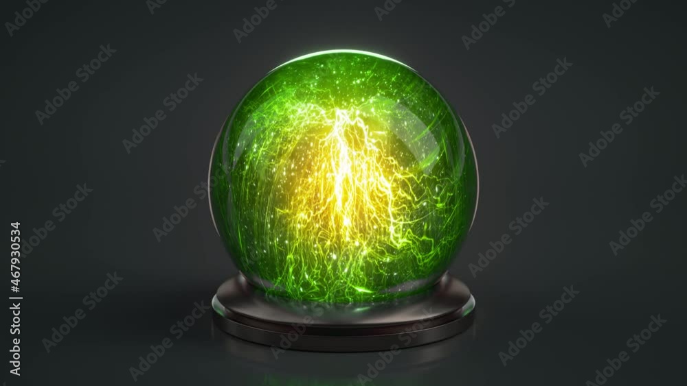 Green crystal glass magic ball. Energy mysterious orb. Seamless loop 3D render animation