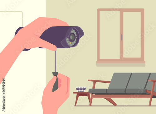 CCTV Installation service, home surveillance, security. Professional digital video equipment for monitoring house, technology, hands fixing camera in apartment. Vector flat style cartoon illustration