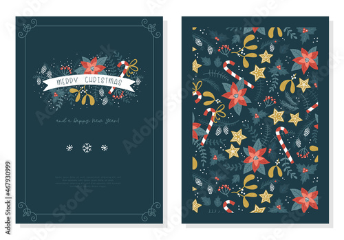 Lovely hand drawn Christmas seamless pattern, cute greenery, flowers and snowflakes, great for textiles, wrapping, banners, wallpapers - vector design