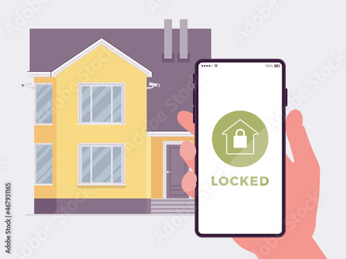 Smart home equipped with safety device controlled remotely by smartphone. Security access, monitoring technology, hand holding phone with locked on screen. Vector flat style cartoon illustration