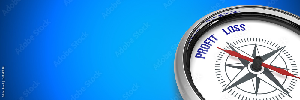 3d rendered compass concept: Illustrated compass rose pointing on Profit Loss message. Symbol aiming on a particular position or strategy. Targeting a direction. Blue background with copy space. 3d rendered compass concept: Illustrated compass rose pointing on Profit Loss message. Symbol aiming on a particular position or strategy. Targeting a direction. Blue background with copy space.
