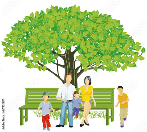 Familie mit Kinder auf einer Parkbank unter einem Baum, 
 Illustration