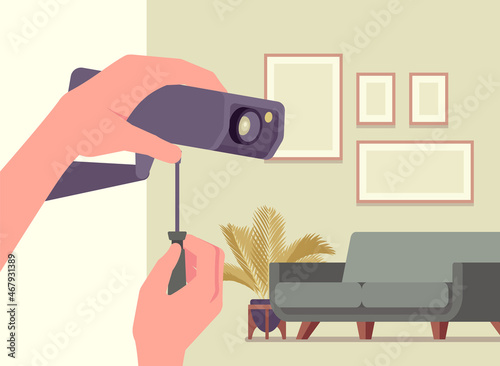 CCTV, indoor bullet camera installation service, home surveillance and security. Digital video equipment for monitoring, hands fixing device in the apartment. Vector flat style cartoon illustration