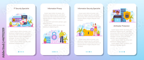 Cyber or web security specialist mobile application banner set. Digital data