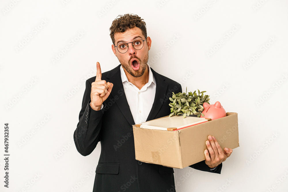 Young caucasian business man fired from his job isolated on white background having some great idea, concept of creativity. Young caucasian business man fired from his job isolated on white background having some great idea, concept of creativity.