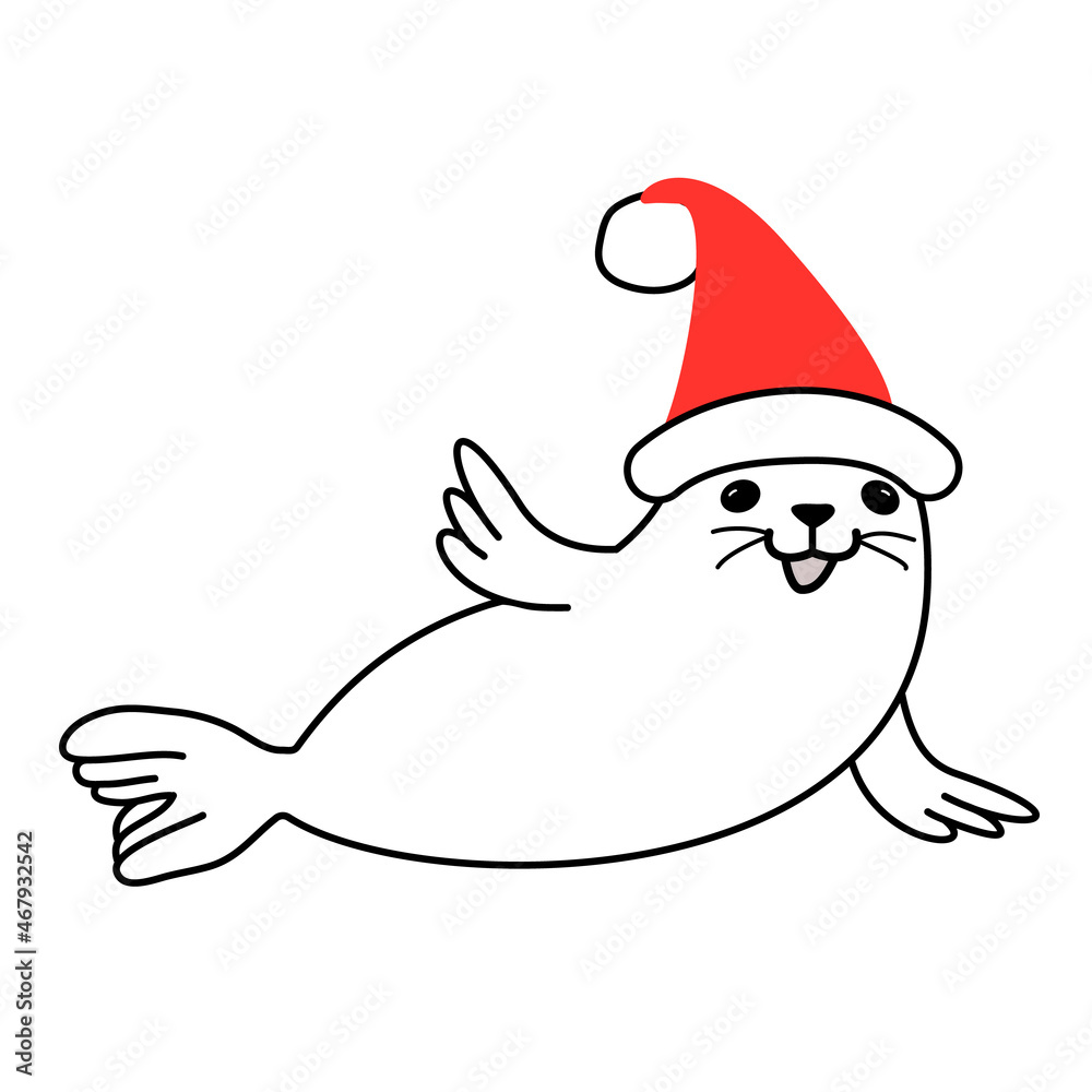 Naklejka premium Cute happy fur seal in red Santa hat lies on its side, waving his paw and smiling at you. Christmas ocean animal vector doodle illustration. Black outline isolated on white background.