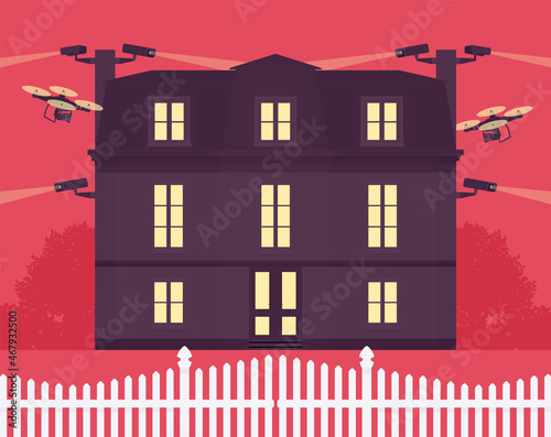 Mansion, large rich impressive house equipped with cameras, drones. Privacy, excessive protection or shielding, secret closed life, safety and confidentiality. Vector flat style cartoon illustration