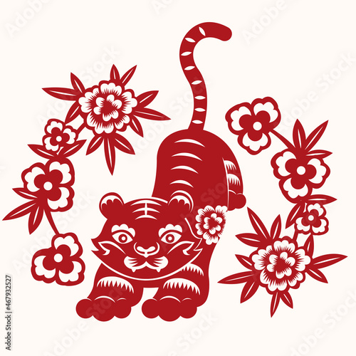 Red papercut Chinese zodiac sign year of tiger Vector photo