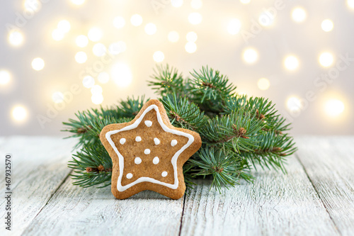 Gingerbread star with fir tree branch on bokeh lights background