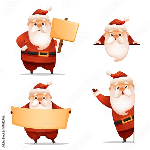 Set of cute santa for christmas and new year with poster and sign in cartoon style isolated on white. Look out. For posters, cards, congratulations, packaging