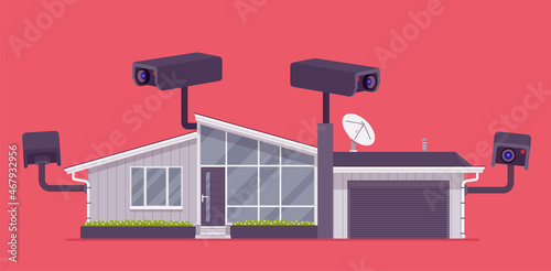House excessive protection, shielding with cameras. Street CCTV, outdoor bullet, closed circuit television system equipment. Home, office security video control. Vector flat style cartoon illustration