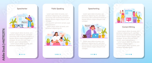 Speechwriter mobile application banner set. Professional speaker