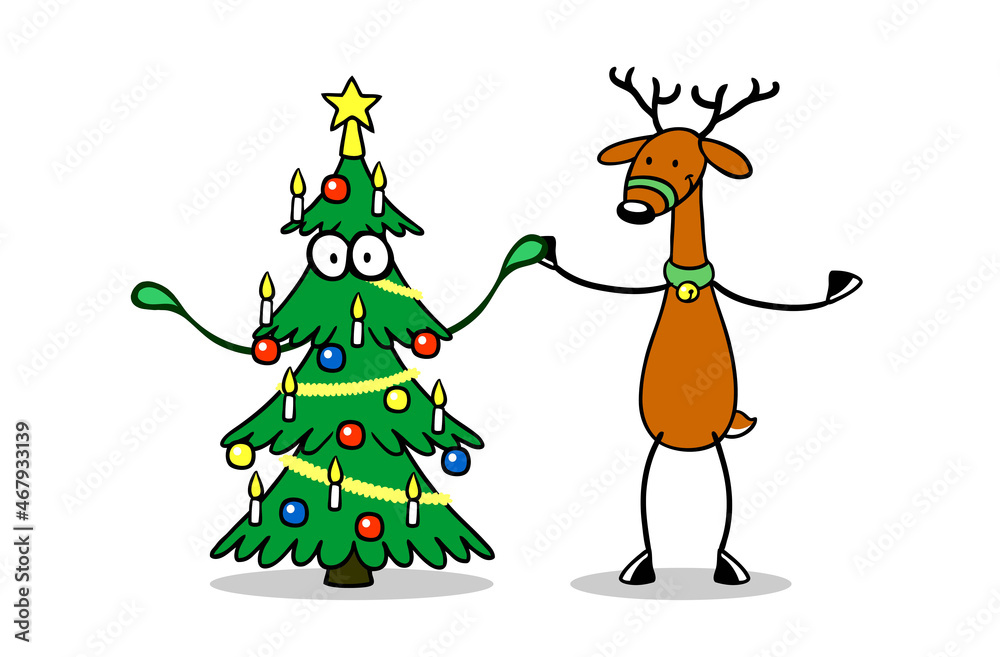 Tannenbaum und Rentier halten Hände als Weihnachtsmotiv Tannenbaum und Rentier halten Hände als Weihnachtsmotiv
