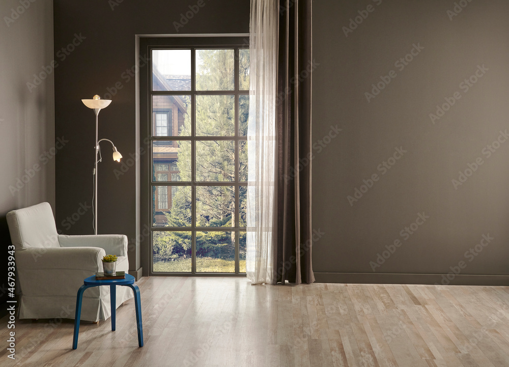 Fototapeta premium Living room corner grey wall background, windows garden view, lamp, vase of plant, chair and frame style.