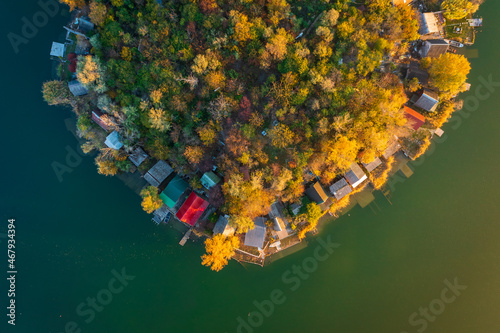Photography Szigetszentmiklós, Hungary - Aerial drone view of tiny fishing island on Lake Kavicsos near Budapest