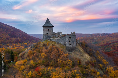 Splendid aerial view of the famous Castle of Somosko. Slovakian name is Šomoška hrad, Hungarian name is Somoskői vár. photo