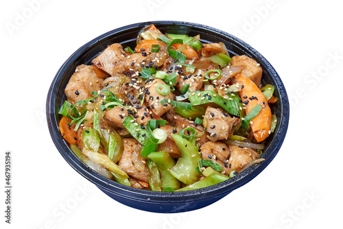 Delivery round box with chicken and ginger.