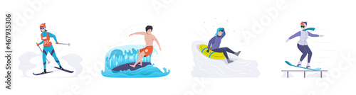 People outdoor sport activity set. Active man and woman practicing surfing, skiing, snowboarding