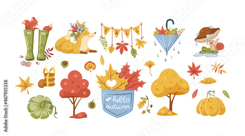 Set of autumn icon. Traditional fall attributes. Dry garden trees, yellow foliage, mushrooms, rubber boots, animals, seasonal harvest, umbrella, vegetable, pumpkin, seasonal harvest flat vector