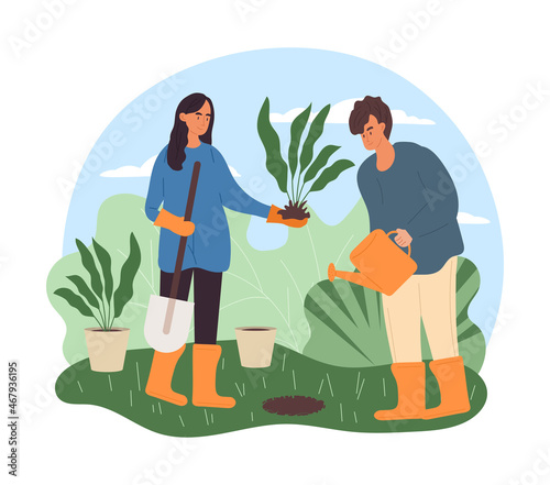 Woman in garden. Two girls planting flowers, characters with watering can and shovel greening city. Taking care of nature, garden, private territory, cottage. Cartoon flat vector illustration
