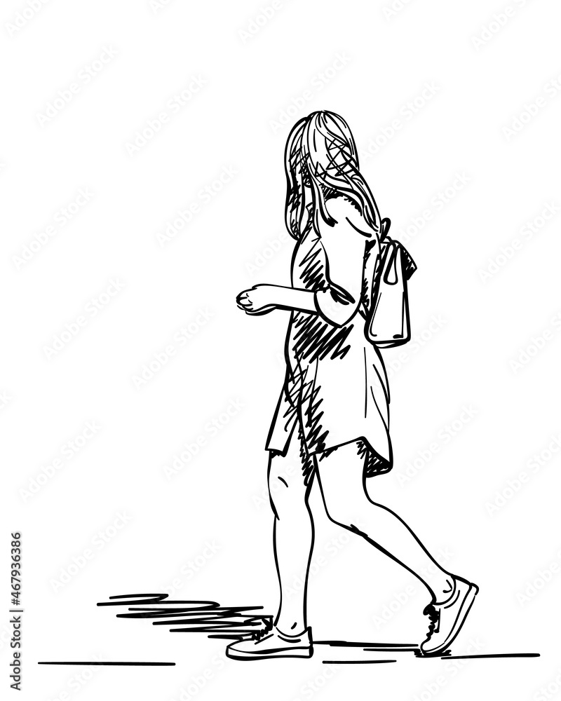 Hand drawn illustration of woman in summer dress walking and looking ...