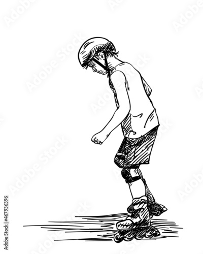 Sketch of boy learning to skate on rollers, Hand drawn vector illustration isolated on white background