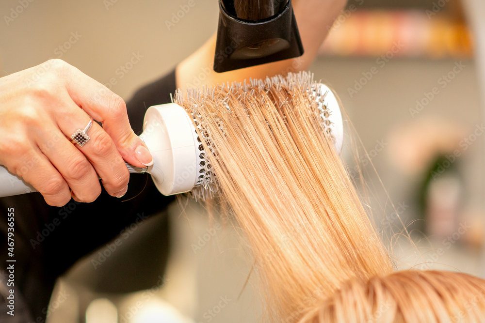 Naklejka premium Professional hairdresser dry hair with a hairdryer and round hairbrush in a beauty salon