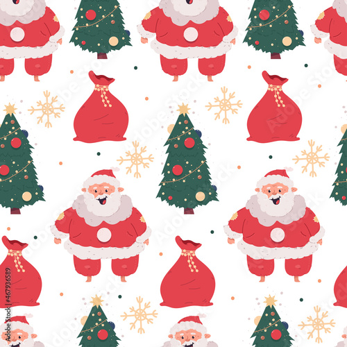 Christmas vector cartoon seamless pattern with Santa Claus, tree, sack and snowflake on a white background.