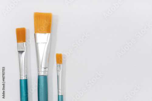 Set of paintbrushes on white canvas background. Copy space
