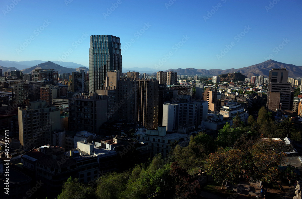 Santiago, Chile - 25 November, 2018: View of Santiago de Chile with Andes mountains from Santa Lucia hill