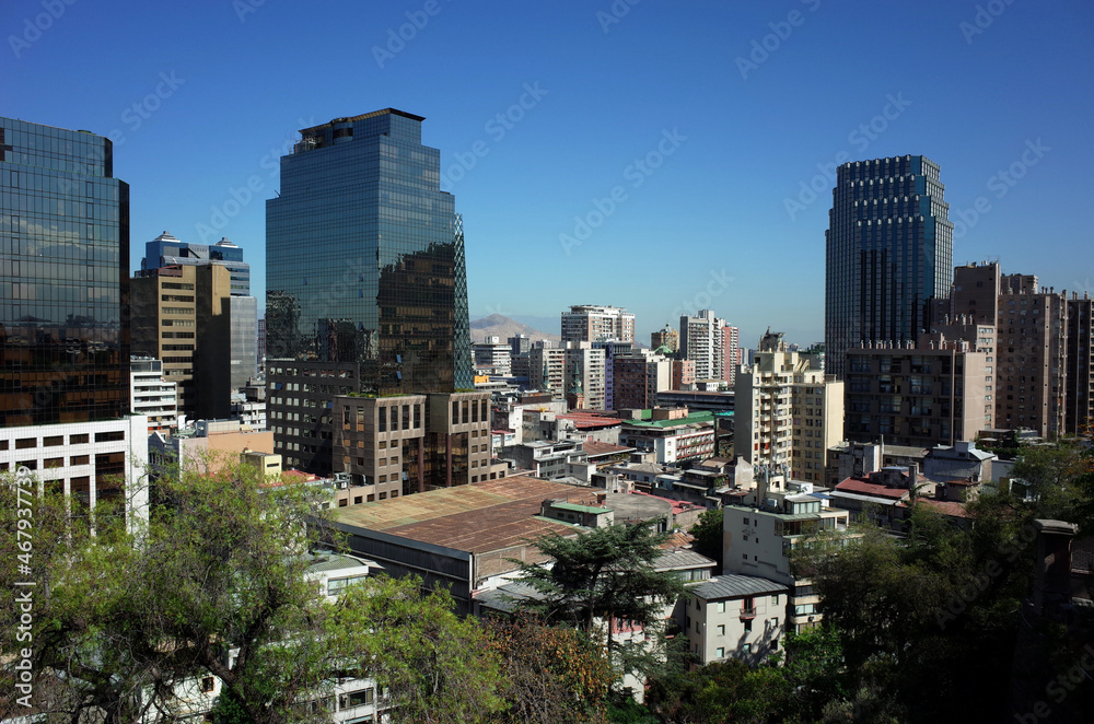 Santiago, Chile - 26 November, 2018: Modern buildings of city center viewed from Santa Lucia Hill