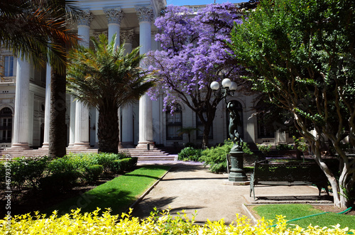 Santiago, Chile - 25 November, 2018: Beautiful park near Santiago former National Congress Headquarters building