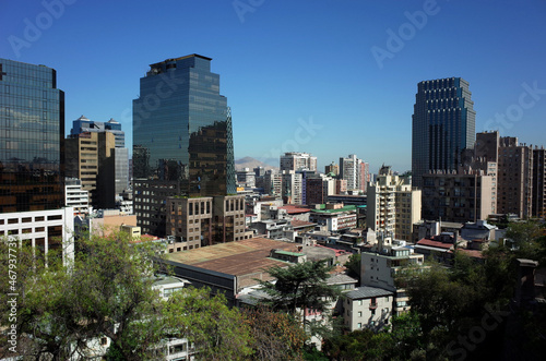 Santiago, Chile - 26 November, 2018: Modern buildings of city center viewed from Santa Lucia Hill