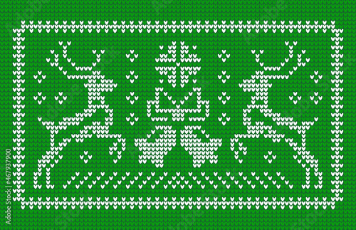 Ugly sweater pattern jingle bells and Christmas reindeers green