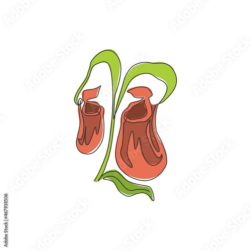 Single continuous line drawing of beauty fresh nepenthes for home wall decor art poster print. Decorative tropical pitcher plant for floral card frame. Modern one line draw design vector illustration