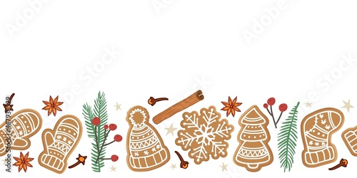 Seamless border with gingerbread cookies of different shapes and winter decor. Gingerbread, spices, red berries, spruce twigs with copy space for invitation, card. Cartoon flat vector illustration