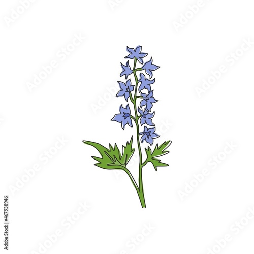 Single one line drawing beauty fresh larkspur for garden logo. Decorative of perennial delphinium concept for home wall decor art poster print. Modern continuous line draw design vector illustration