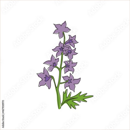 One continuous line drawing beauty fresh larkspur for home decor wall art poster print. Decorative perennial flower delphinium for wedding invitation card. Single line draw design vector illustration