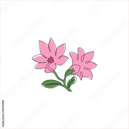 Single one line drawing of beauty fresh magnoliaceae for garden logo. Decorative magnolia flower concept for home wall decor art poster print. Modern continuous line draw design vector illustration