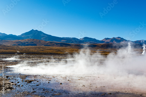 Landscape of El Tatio geothermal field with geyers in the Andes mountains, Atacama, Chile