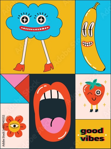 Big Set of Different colored Vector illustartions for posters in Cartoon Flat design. Hand drawn Abstract shapes, different texture funny Comic characters.