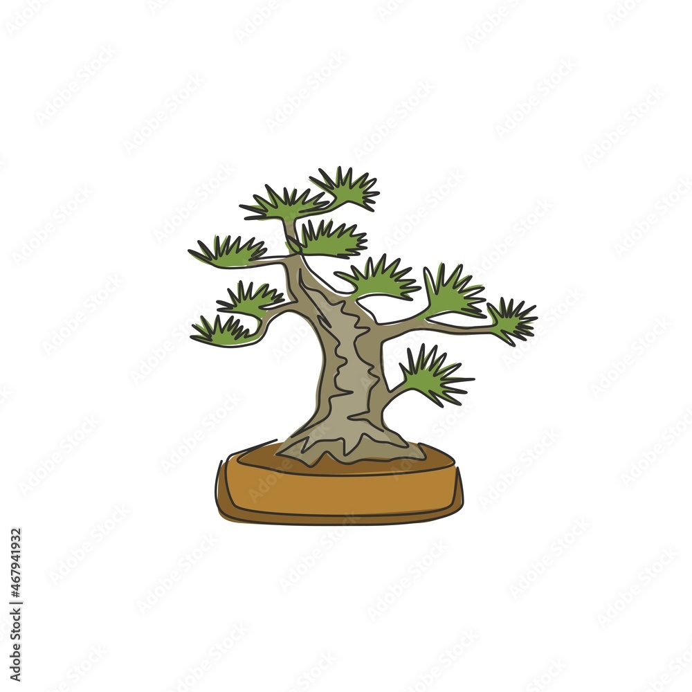 Single one line drawing of beauty and exotic mini bonsai tree for wall decor poster art print. Decorative potted old bend plant for plant shop. Modern continuous line draw design vector illustration Single one line drawing of beauty and exotic mini bonsai tree for wall decor poster art print. Decorative potted old bend plant for plant shop. Modern continuous line draw design vector illustration